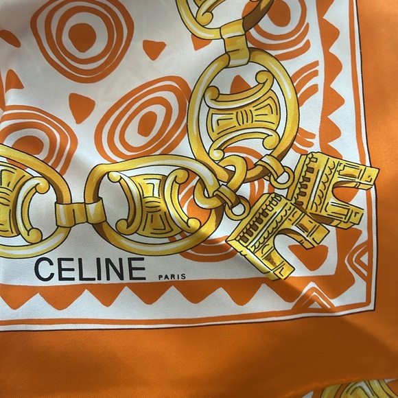 Celine Elegant Orange Silk Scarf  34”x34” - Picture 9 of 11
